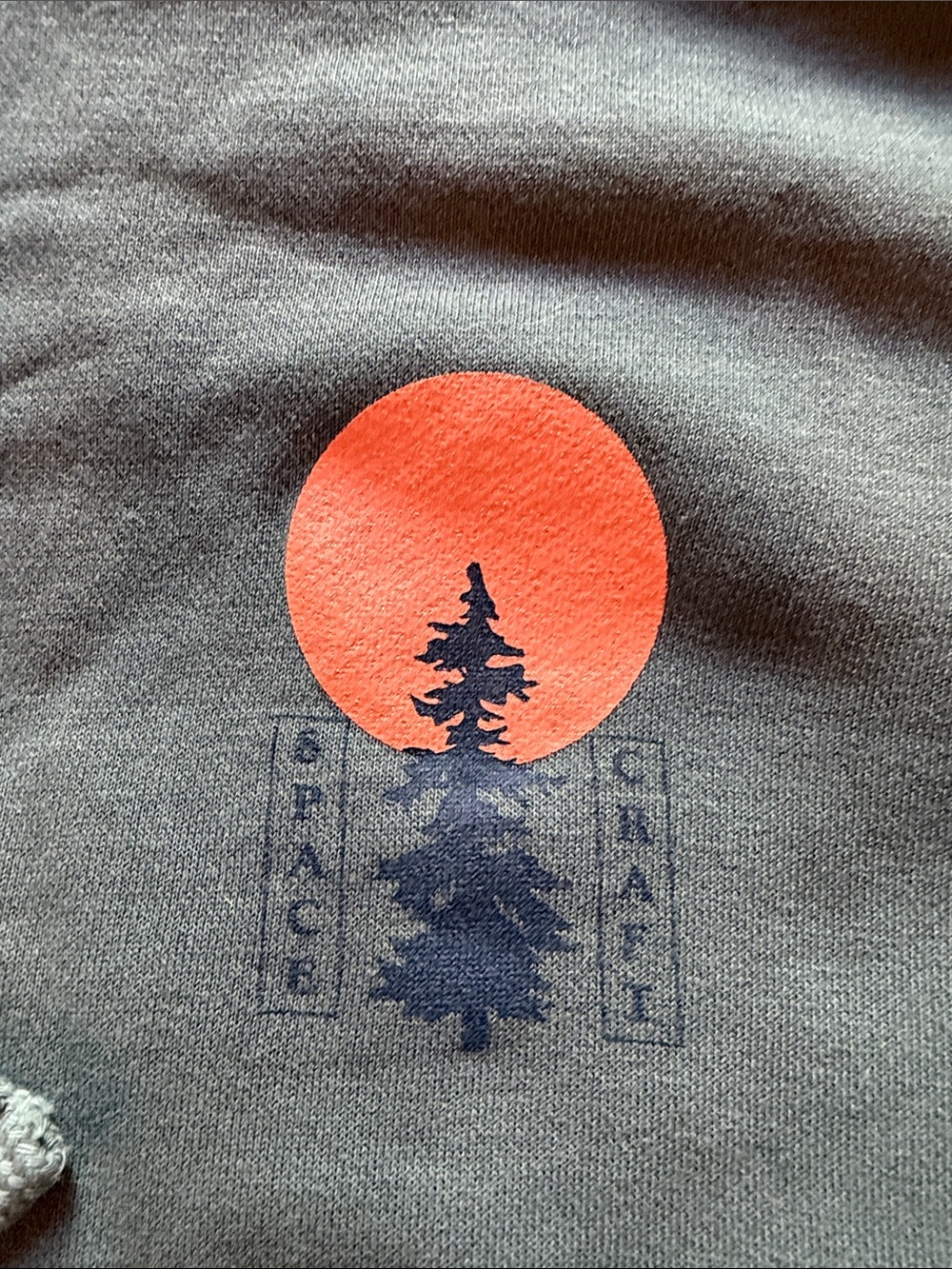 Gray Crewneck Sweatshirt with Orange Sun & Navy Tree Graphic